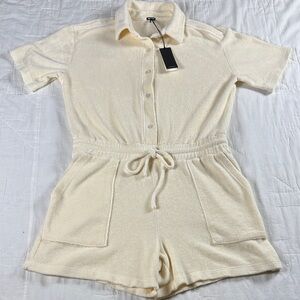 MONROW Romper Pool Terry Pearl Cream | NWT Collared Terrycloth Playsuit
